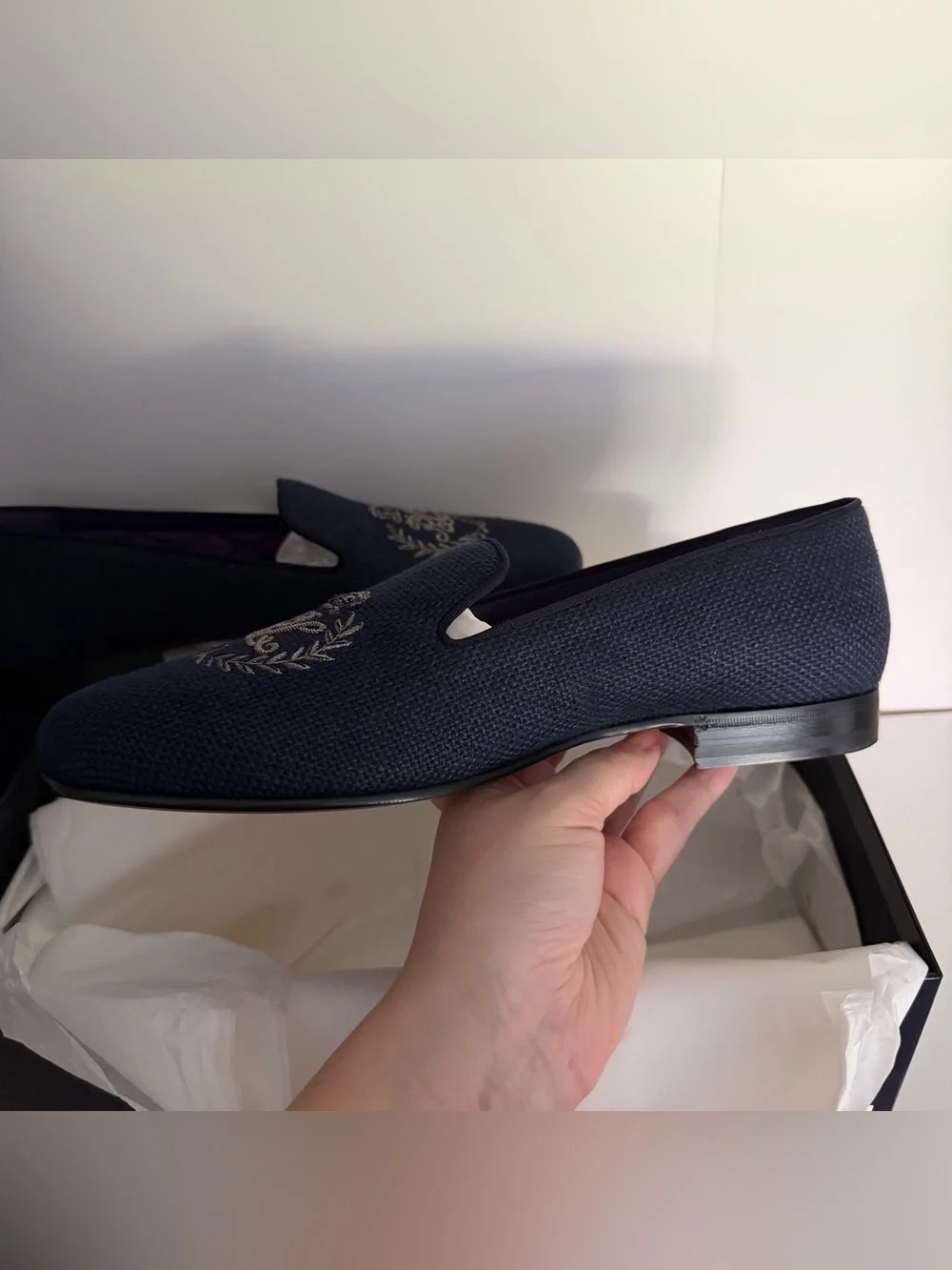 Ralph Lauren Purple Label Alonzo Bullion Crest Linen Slipper in Navy NWT NIB